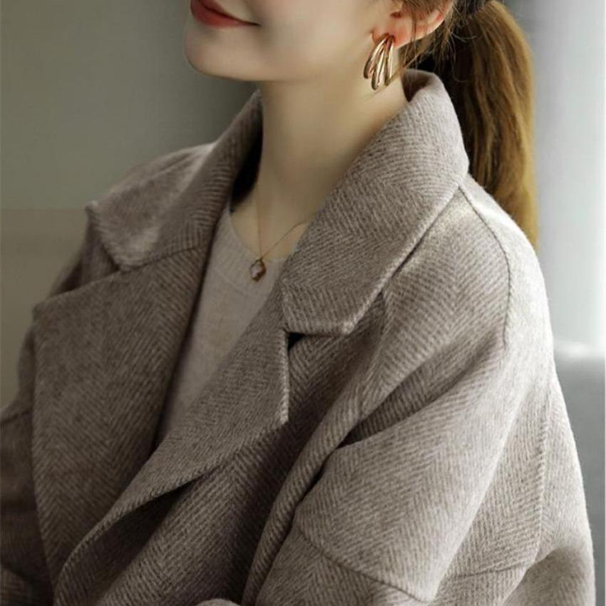 Fiskbensmönstrad Tweed Dam Höstmode Högkvalitativ Tjock Casual Sektion Högkvalitativ Tunn Kappa Trend Stor Storlek