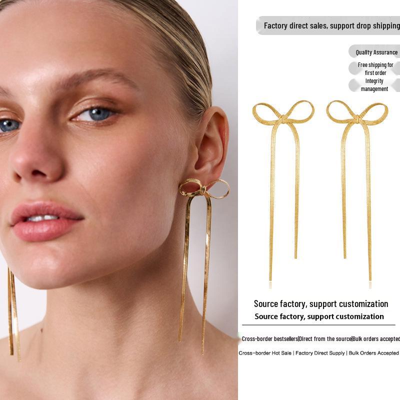 European-American Bow Snake Bone Stud Earrings: Luxurious, High-End Fashion for Women