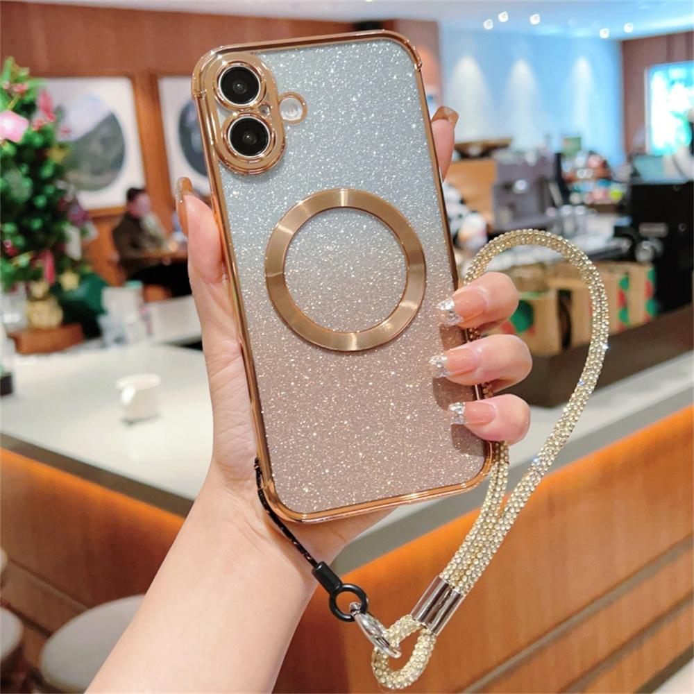 

For iPhone 16 Case Compatible with MagSafe Electroplated Gradient Glitter Phone Cover with Lanyard Gold