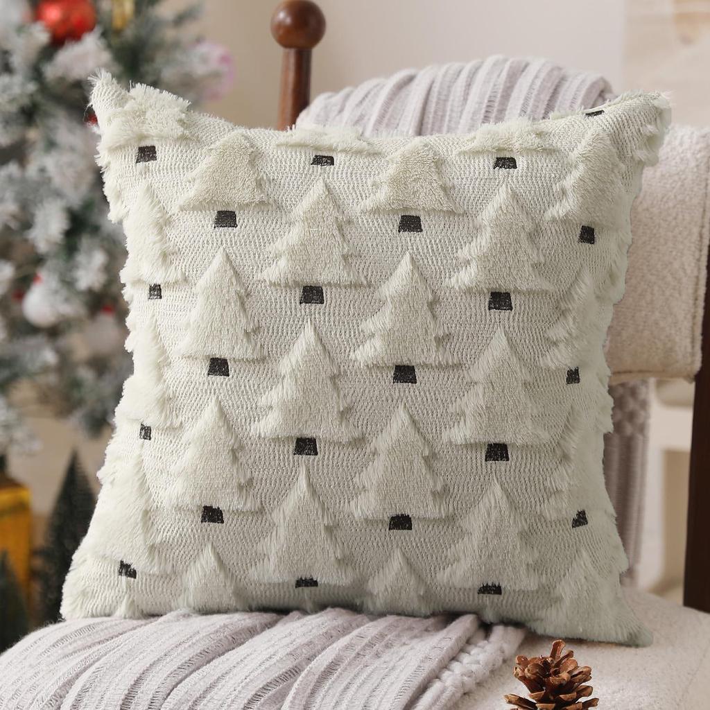 Christmas Tree Fleece Cushion Cover with Star Embroidery - Holiday Sofa Decoration Pillow Cover