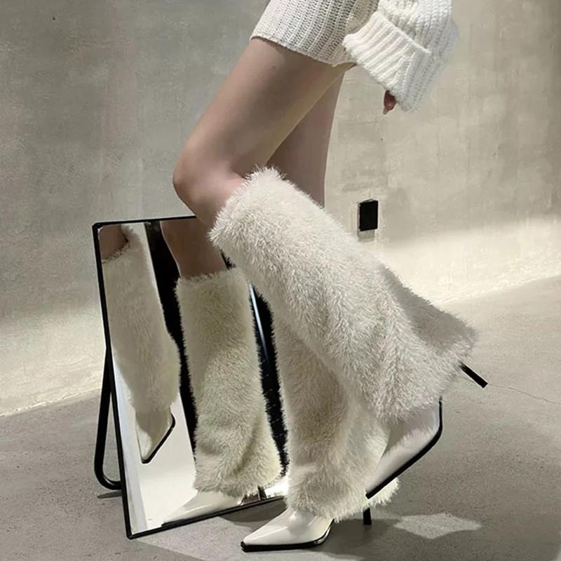 Fashion Design Style High Heels Women Knee-High Long Boots Pointed Toe Furry Ladies Long Booties Hottie botas de inverno feminina