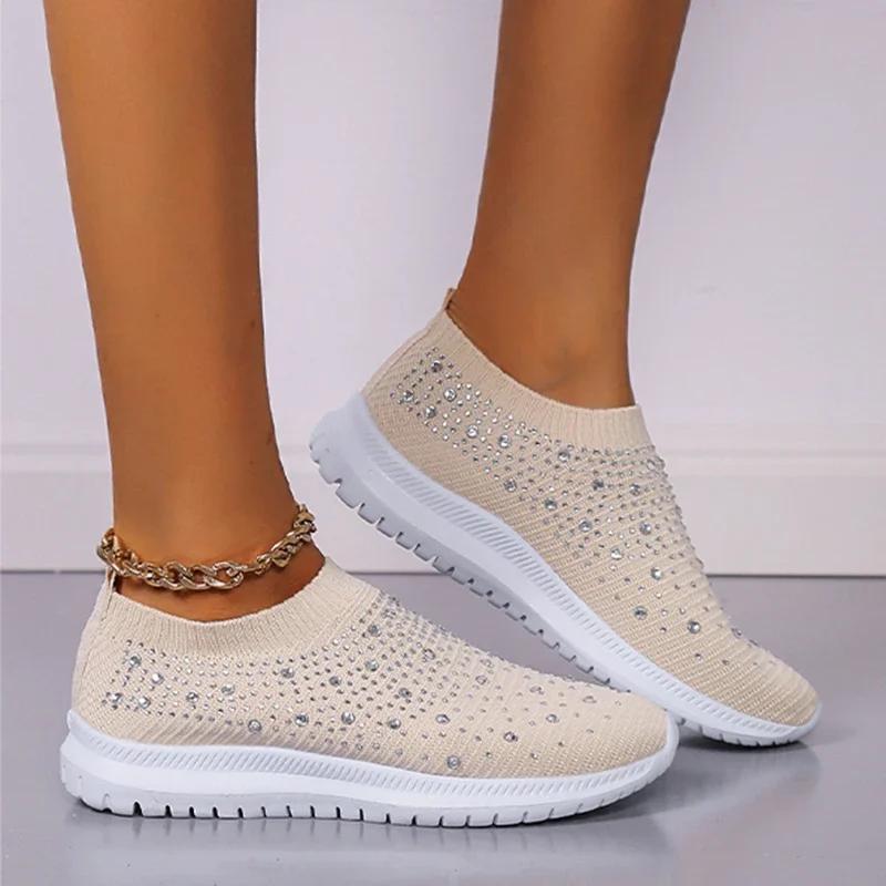 Fashion New Shining Crystal Flats Women Spring Breathable Knit Platform Sneakers Woman Comfortable Soft Bottom Non-slip Sports Shoes