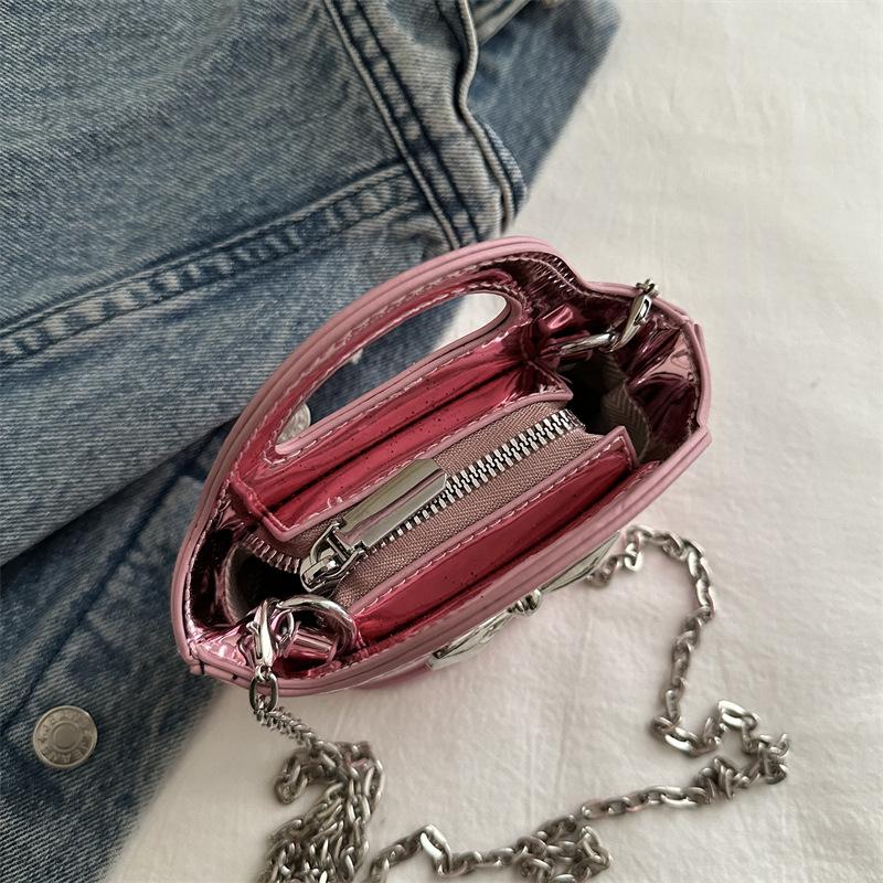 2024 Shiny Patent Leather Mini Basket Crossbody Bag with Laser Chain for Kids and Women