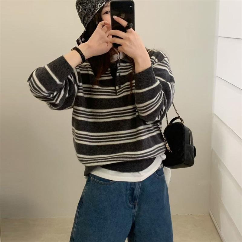 College style color matching striped long-sleeved knitted sweater autumn and winter new loose and thin casual collar pullover sweater women