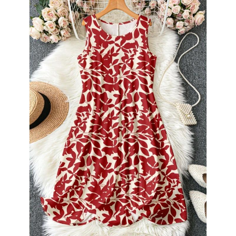 Women's Summer Sleeveless Mid Dress Crew Neck Sleeveless Printed Beach Dress
