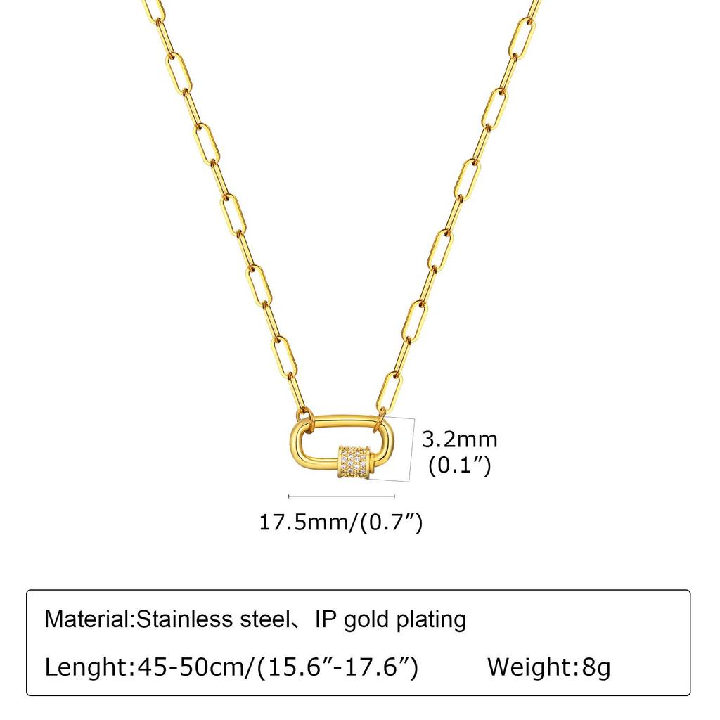 Women's Gold Clavicle Chain Necklace with Zirconia Oval Pendant and Stainless Steel Square Links