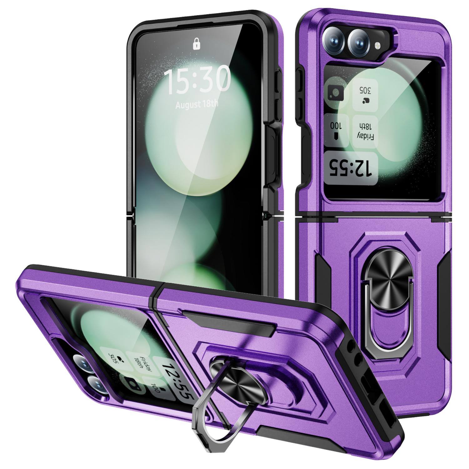 

For Samsung Galaxy Z Flip6 5G Case Military Grade Ring Kickstand PC+TPU Phone Cover Purple+Black
