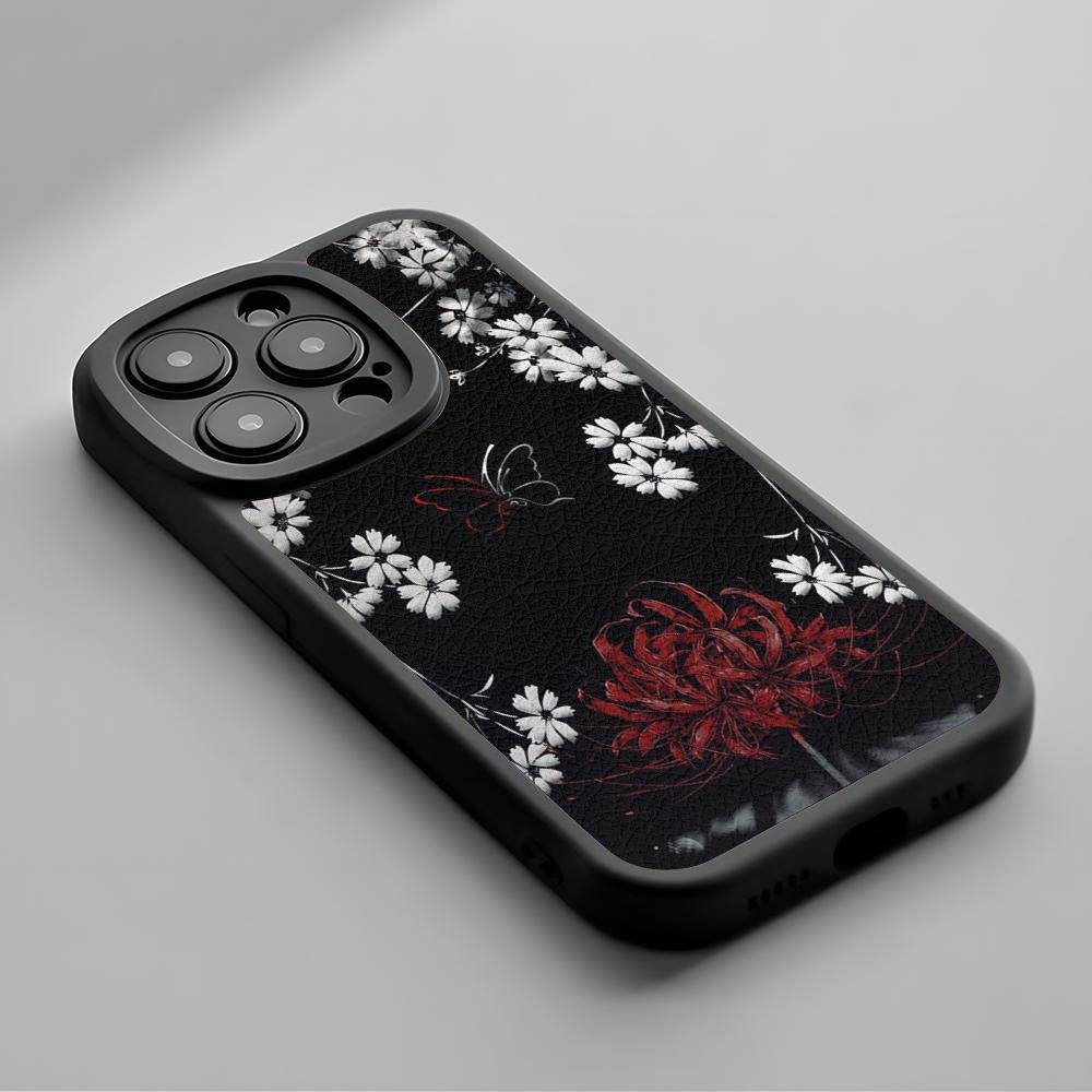 Red Spider Lily Japan Art Fashion Design Phone Case For iPhone 16 15 14 13 12 11 Plus Pro Max Lambskin Silicone Cover Black