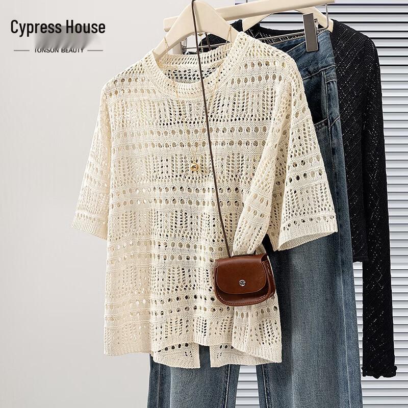 Women s Round Neck Hollow Knit Short Sleeve Top One Size