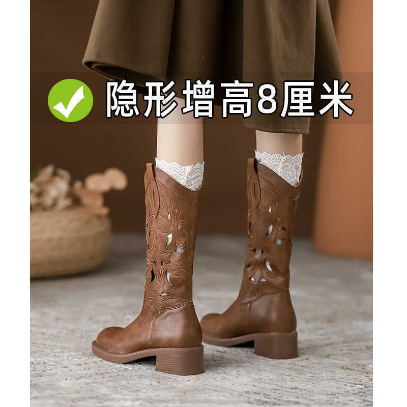 Inner Heightening Western Cowboy Boots Summer Thick-soled Embroidered Hollow Knight Boots Vintage Martin Boots Chelsea Boots