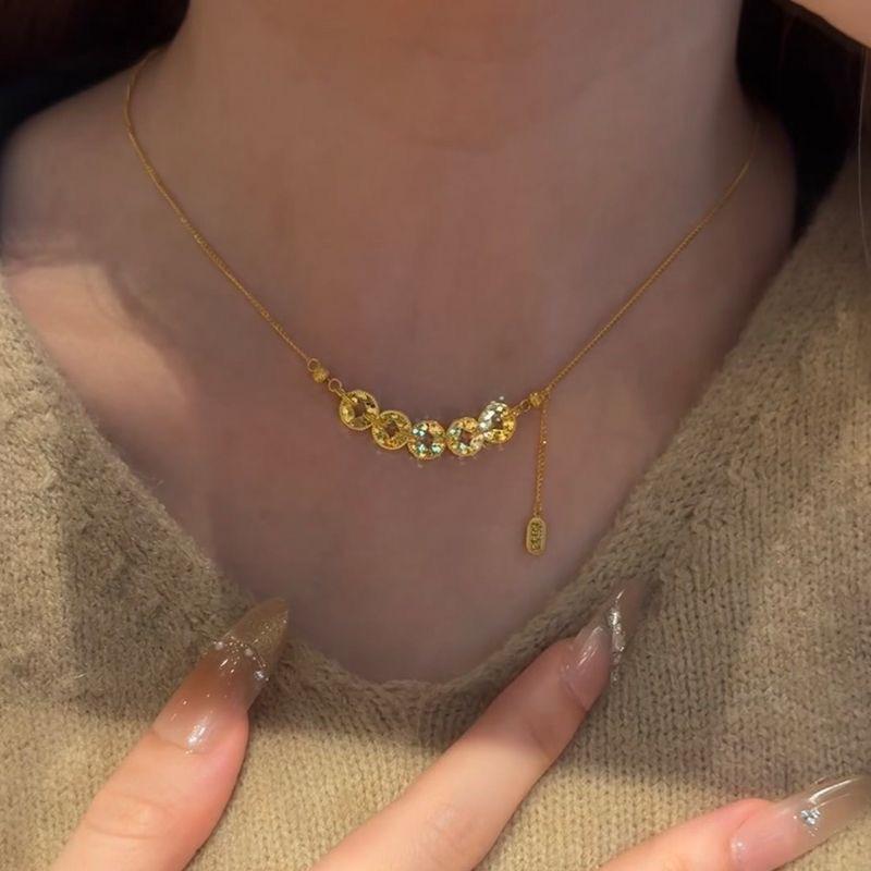 Five Emperors Coins Tassel Necklace Female New Chinese Ancient Method Gold Crushed Ice Lucky Treasure Pendant Collarbone Chain Jewelry