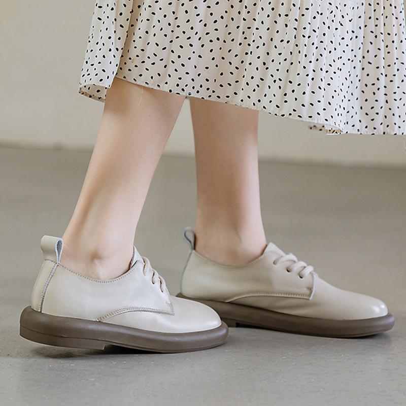 Spring New Style Cowhide Casual Shoes For Women Rubber Soft Sole Lace-up Leather Shoes Genuine Leather Retro Flat Shoes 35-40