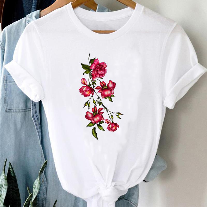 (European Size)  90s Top Fashion Short Sleeve Tee Flower Watercolor Cute Trend T-shirt Women Clothing Casual Print Lady Female Graphic T-shirt