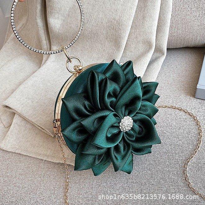 Red Flower Clutch Purse Women Round Evening Bag Crystal Diamond Wedding Silk Handbag Exquisite Chain Shoulder Bags
