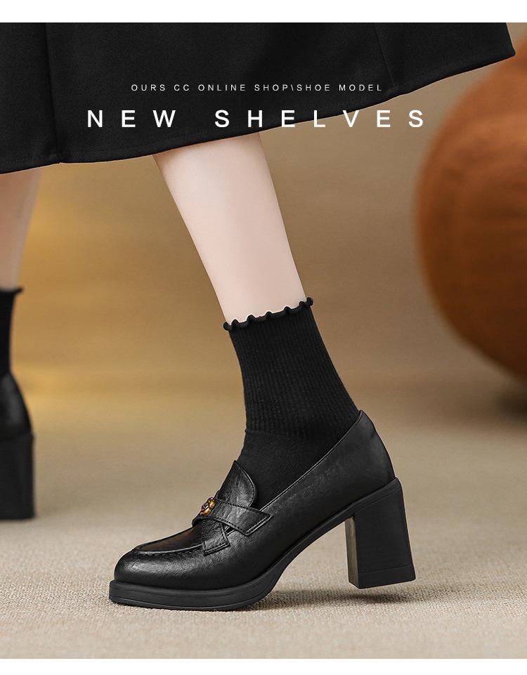 Sheepskin 7.5cm Heel Retro Camellia Loafers: Chunky Heel Black Leather Slip-On Shoes