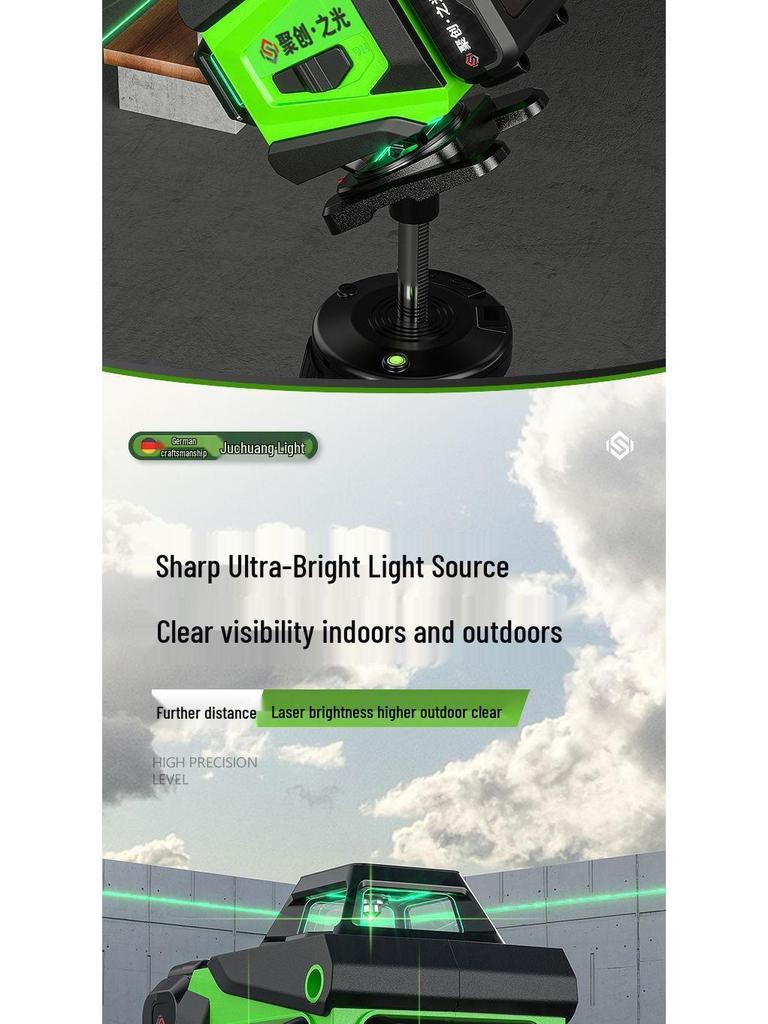 12/16-linjers minilaserpassare med hög precision, grönt ljus och vägg-/golvklistermärken