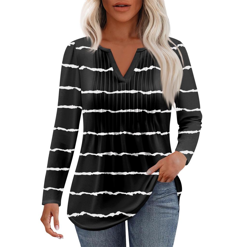 Dámská móda Ležérní Plisované Tričko s V výstřihem a Dlouhým Rukávem Elegantní Top