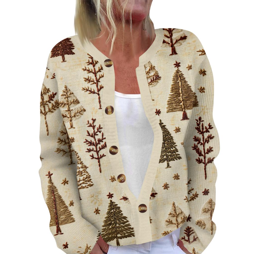 Damemote Langermet Christmas Snowman Snowflake Print Jakke Cardigan