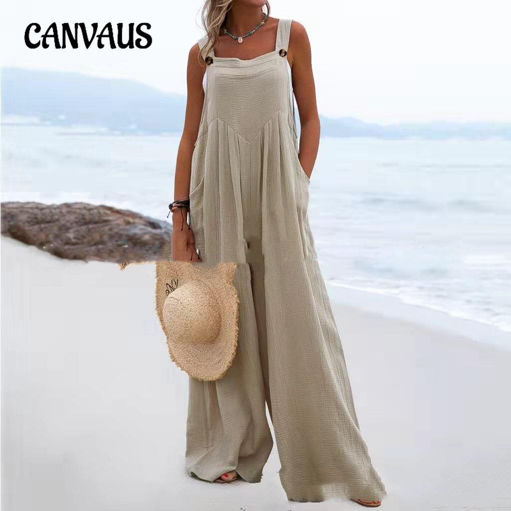 Sommer-Damen-Overall, ärmellos, weites Bein, Knopf, modischer Overall im Ethno-Stil