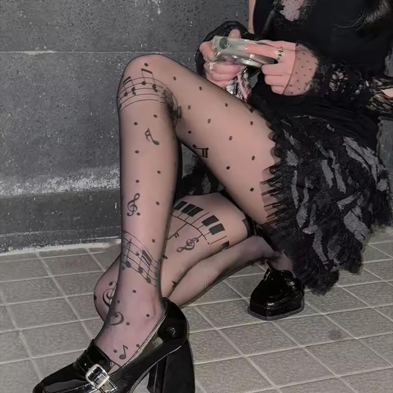 Módní Punčochové Kalhoty s Potiskem Hudebních Not Dámské Sladké Cool Tenké Vysoce Pružné Ponožky Lolita Jk Punčochy Punčochové Zboží Punčochy na Hudební Festival