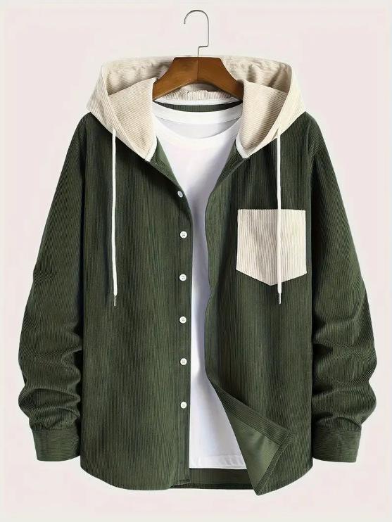 Men's Color-Block Corduroy Hooded Jacket - Warm and Thickened Design