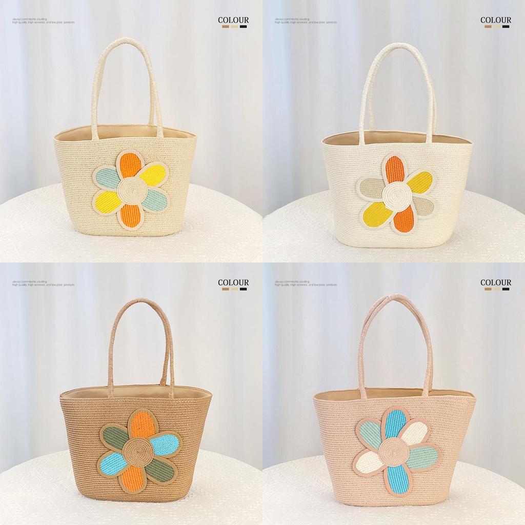 Simple Flower Color Blocked Pattern Women Large Capacity Woven Tote Bag For Summer Casual Use