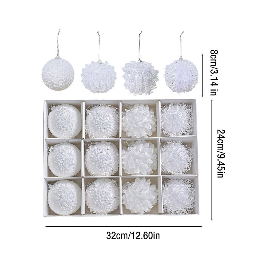 A Box Of 12 White Ins Style Lace Glitter Foam 8cm Christmas Ball Decoration Pendant Christmas Atmosphere Pendant Gift Box