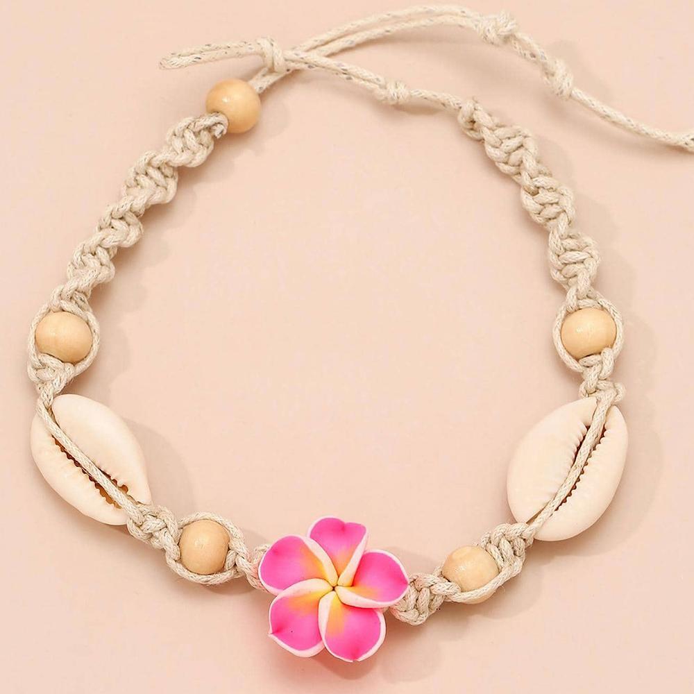 Neon Pink Color Flower Shell String Weaving Handmade Anklet Starfish Shell Turtle Charm Adjustable Anklet Summer Beach Jewelry
