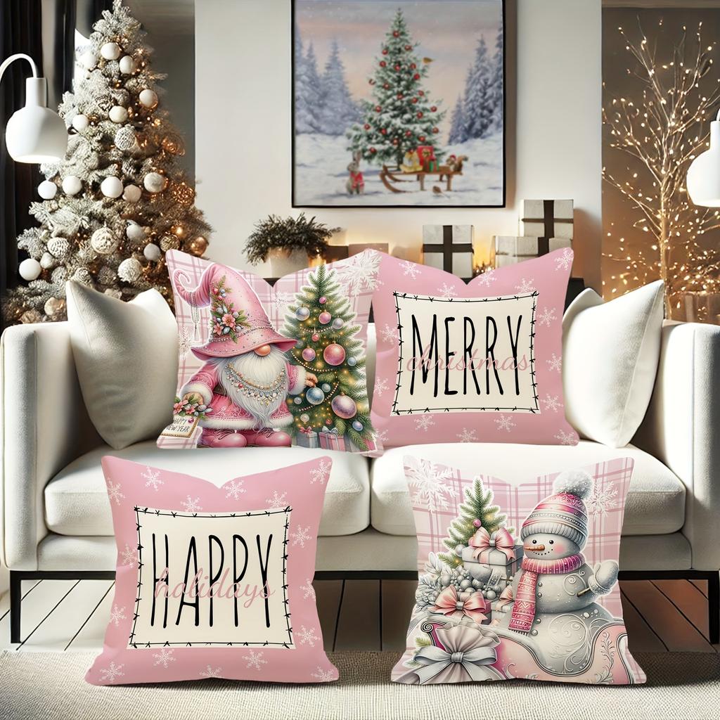 Pink Christmas Pillowcases: Gnome, Snowman & 'Merry' 'Happy' Prints for Festive Decor sofas, bedroom pillow covers
