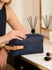 Dior 1 Piece Dark Blue Canvas Makeup Bag Embossed DIOR Logo Leather Strap Zipper Portable Travel Cosmetic Storage Pouch for Men Women