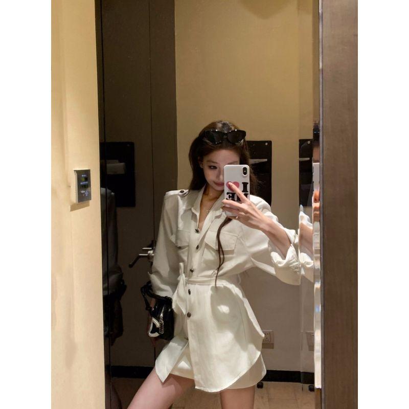 Elegant Old Qian Style Polo Collar Long Sleeves Shirt Women's Autumn Loose Cinched Blouse Niche Style White Mid-Length Tops
