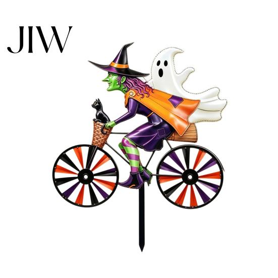 Portable Garden Art Halloween Wizard/Ghost/Black Cat/Skeleton Bicycle Ground Stake Ornament, Metal Stakes, Yard Sculptures Decorative
