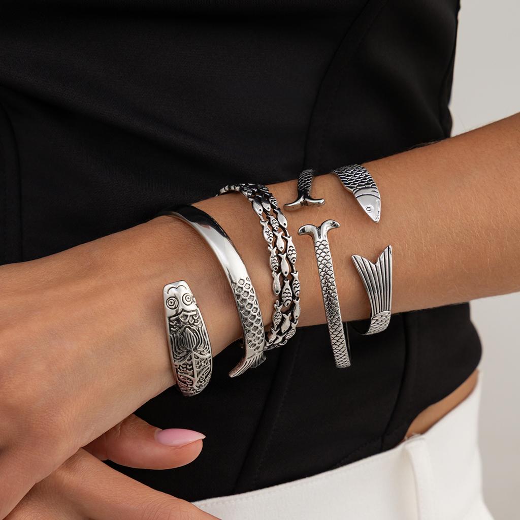 KunJoe 4 Styles Vintage Creative Lucky Fortune Fish Open Adjustable Bracelet Women HipHop Punk Silver Color Metal Bangle Jewelry