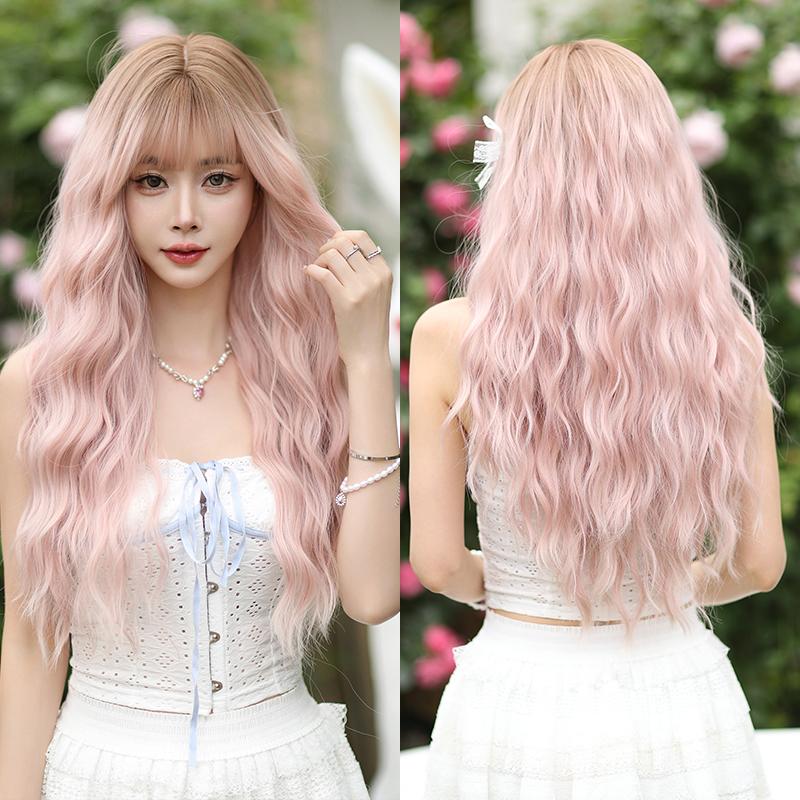 Professional  WIGS Long Body Wavy Sakura Pink Wig for Sweet Girl High Density Synthetic Loose Curly Hair Wig with Bangs Beginner Friendly
