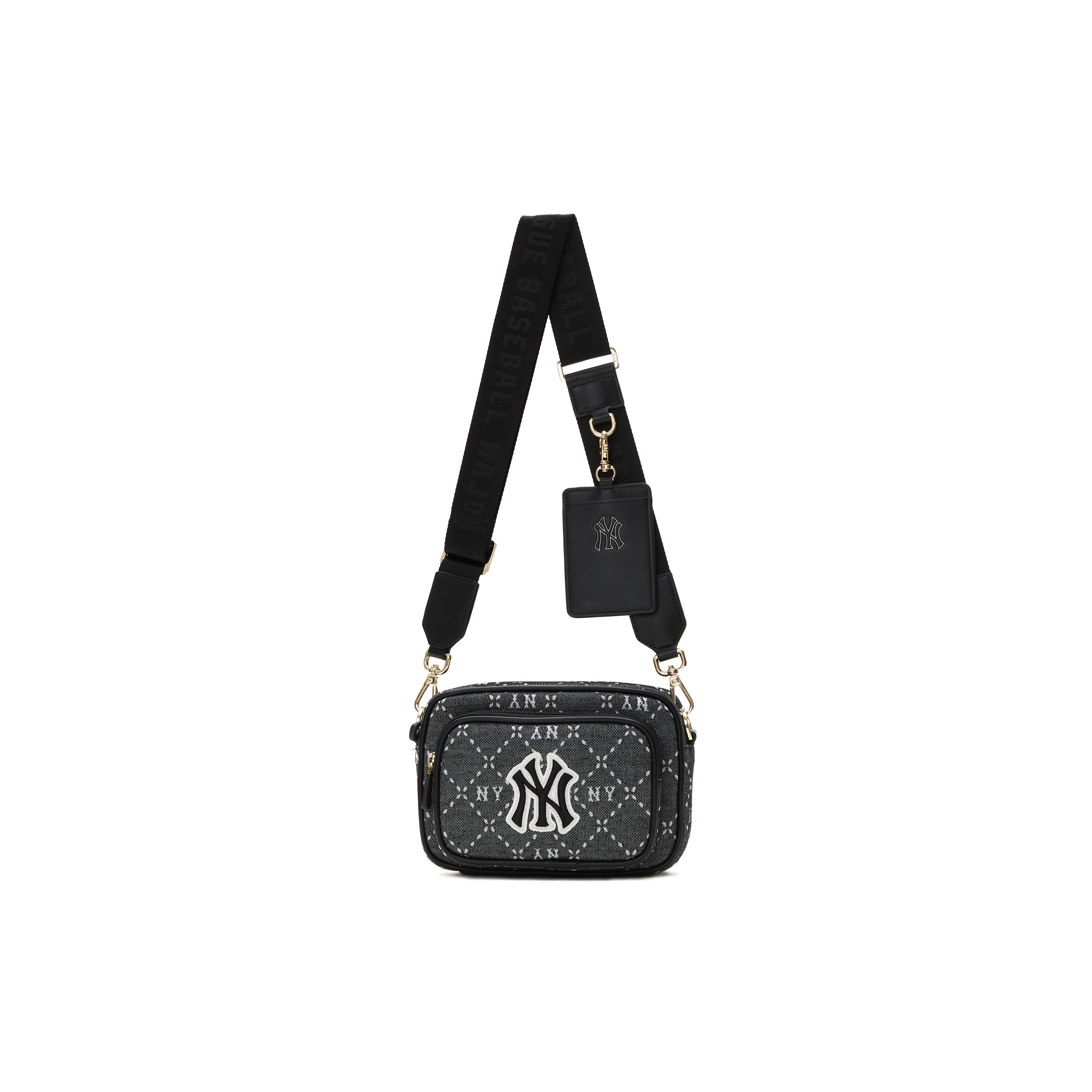MLB New York Yankees Diamond Interwoven Floral Print Zipper Closure Faux Leather Crossbody Camera Bag Unisex bags Black 7ACRMD73N-50BKS Black