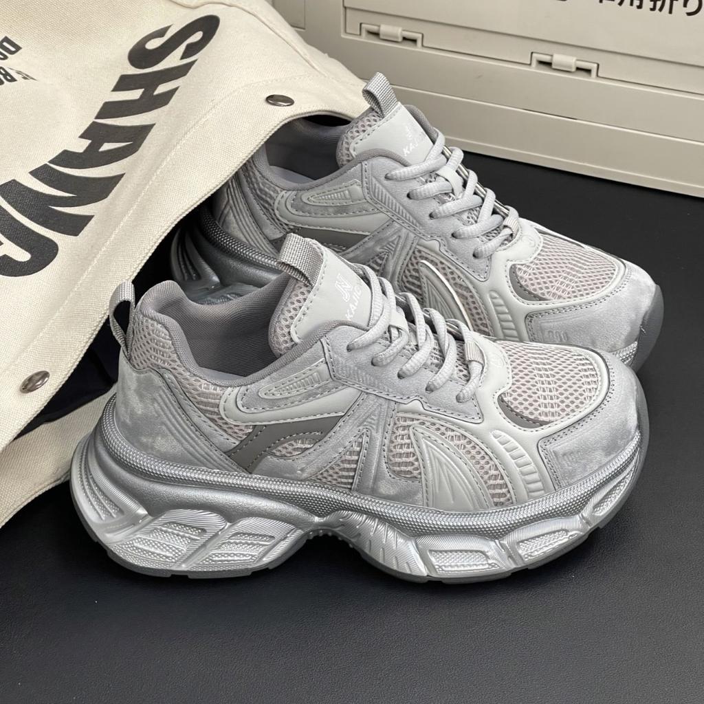 Thick-soled Heightening Gray Dad Shoes Women's 2025 Spring New Mesh Breathable Sports Shoes Soft-soled Lightweight Casual Shoes