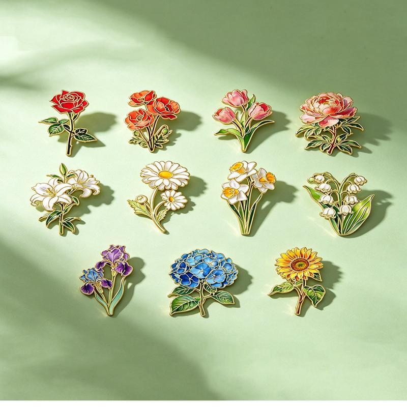 Elegant Botanical Enamel Flower Pins Assorted Plant Lapel Brooches Nature Badges For Womens  Jewelry Accessories