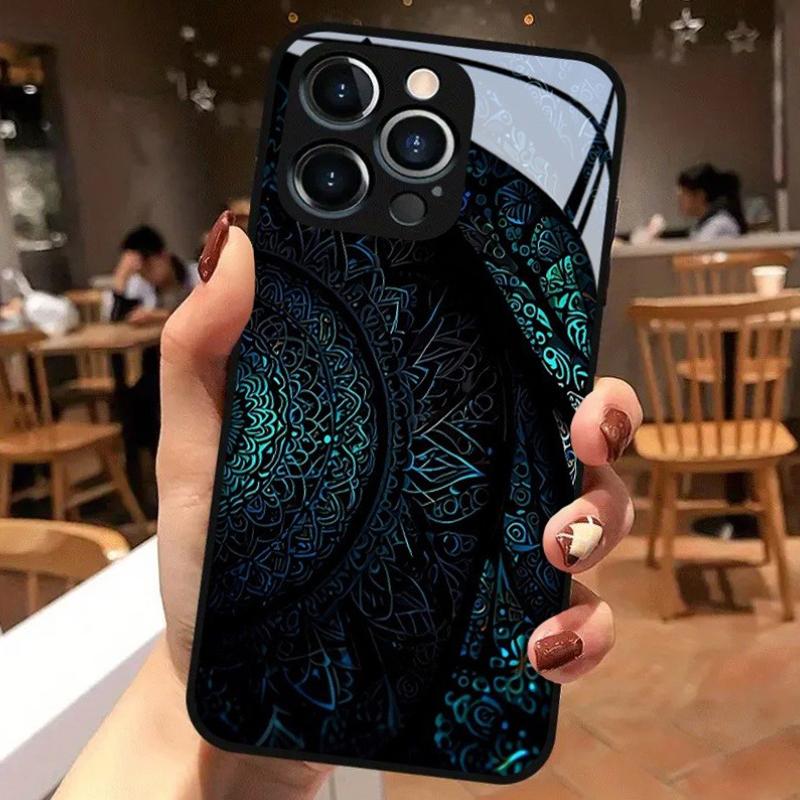 Brilliant Mandala Pattern Tempered Glass Black Phone Case For Samsung Galaxy S25 S24 S23 Ultra Plus FE Shockproof Cover