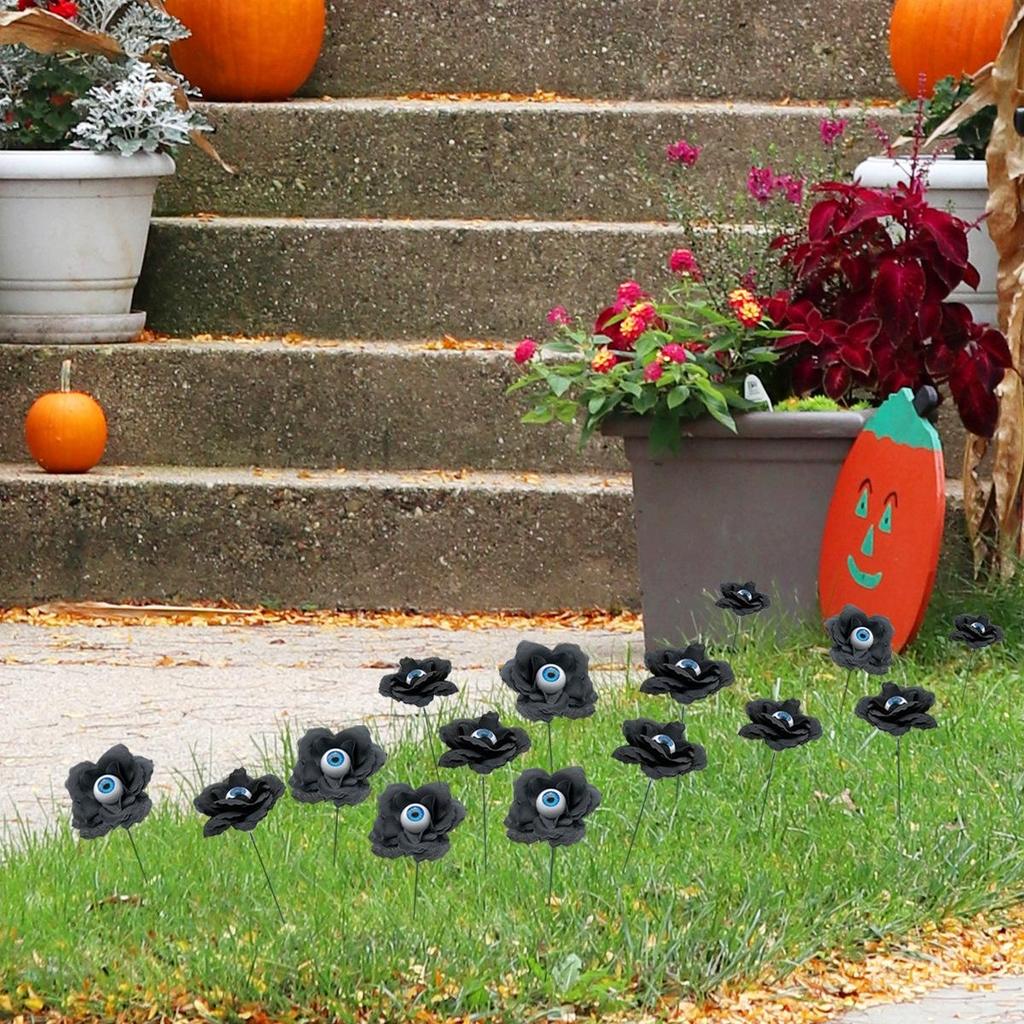 4Pcs/set Halloween Rose Flower Ground Pole Black Rose PVC Simulation Eyeball Flower DIY Garden Courtyard Halloween Decor Gifts