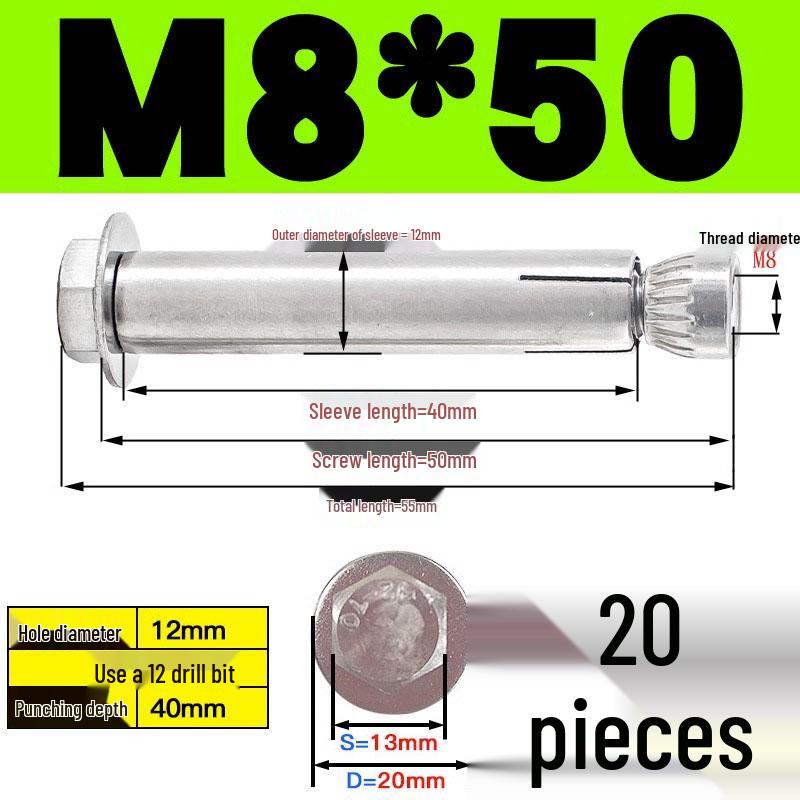 Stainless Steel Expansion Screw: Hexagonal Head with Internal Expansion (304/201), Sizes M6, M8, M10, M12.