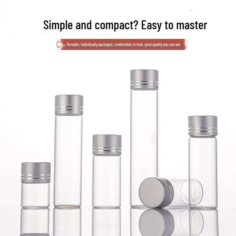Cordyceps Chinese Medicine Storage Bottle - High Borosilicate Glass with Silver Aluminum Cap, 22mm Diameter, Threaded, Empty for Dispensing