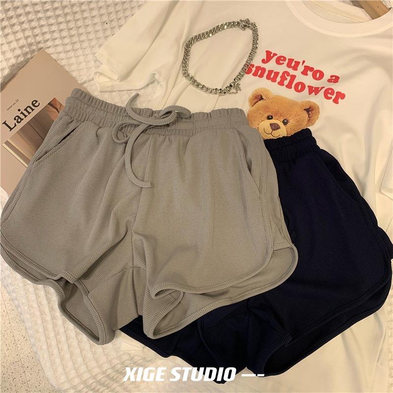 Dámské letní sportovní kraťasy Ice Silk s vysokým pasem, korejská verze, uvolněné domácí pyžamové kalhoty velké velikosti, široké nohavice, teplé kalhoty