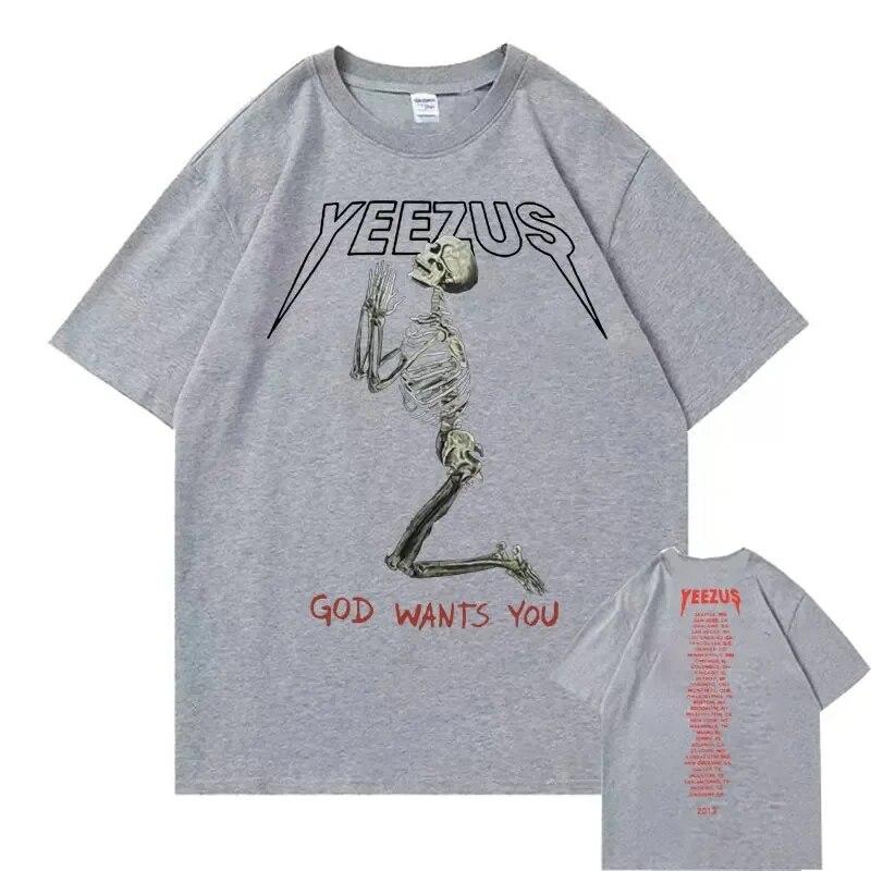 2024 New God Wants You Kanye West Double Sided Print Tshirt Streetwear Skull Graphic T-shirts Unisex Women Hip-Hop T Shirt Tops
