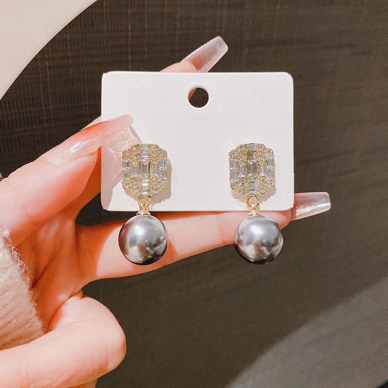 Light Luxury Fashion Inlaid Zircon Imitation Pearl Pendant Earrings, Ladies Elegant Temperament Banquet Party Zircon Gifts