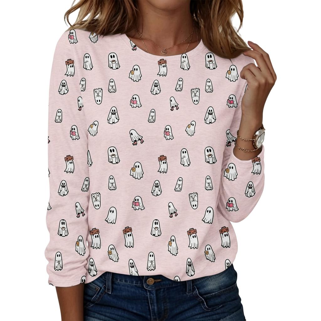 Women's Casual Long Sleeve Round Neck Top with Halloween Print for Party