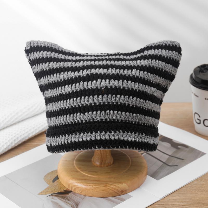 Hat Autumn and Winter Knitted Wool Hat Funny Cat Ear Hat Winter Warm Striped Devil Hat Tide