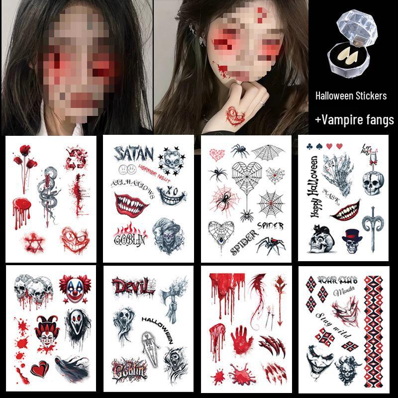 Halloween Makeup: Horror Scars, Fake Teeth, Little Tiger Teeth, and Blush Tattoo Stickers for Party Decoration