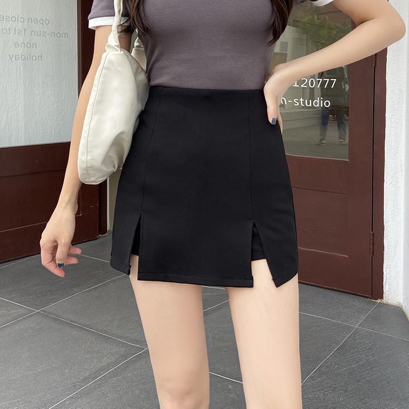 Women's Summer 2023 Black A-Line Slit Skirt: Campus-Chic Slim Fit