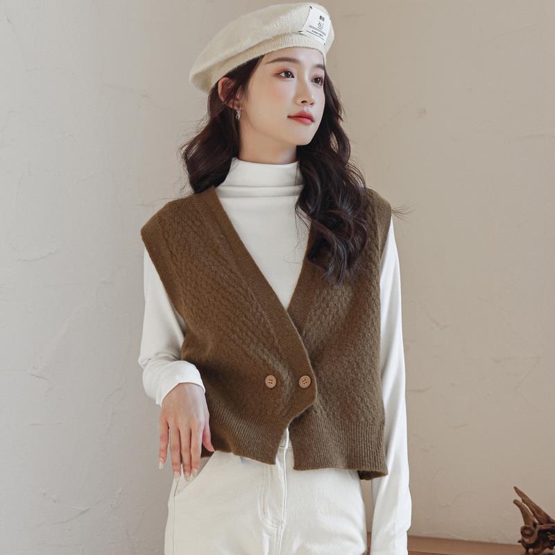 

Реальный выстрел: Винтажный женский вязаный жилет в ромбы - Коллекция Осень 2025, Свободный крой, V-образный вырез One Size коричневый