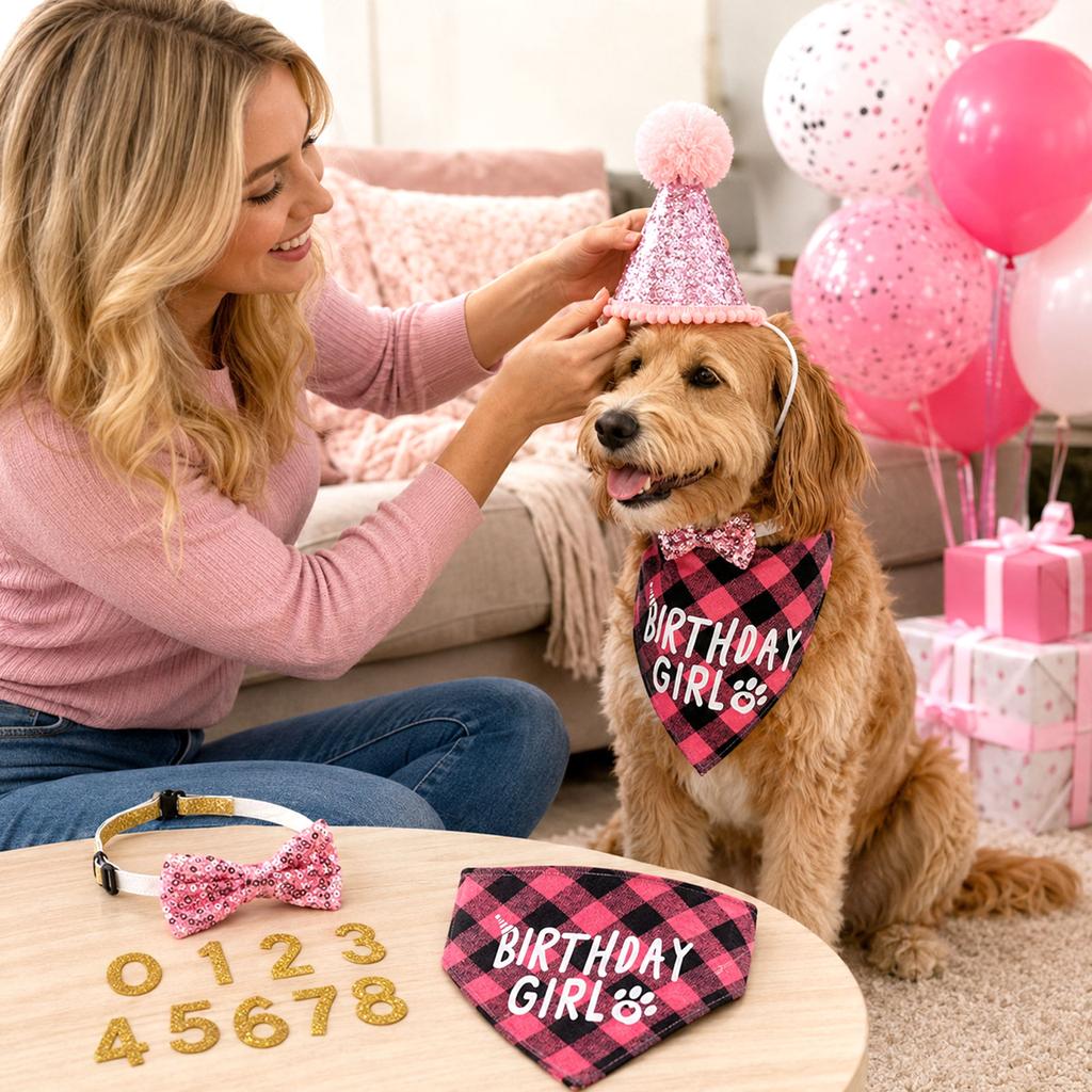 Pet Birthday Party Decoration Kit Dog Bandana Hat Banner Flag Number Set Includes Balloons Bow Tie Tape Suitable for Pet Celebrations